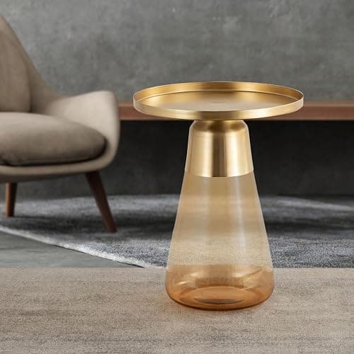 Modern Cylindrical Side Table with Glass Base and Sturdy Gold Metal Top, Tempered Glass, for Living Room & Bedroom, Amber,Assembled - Image 1