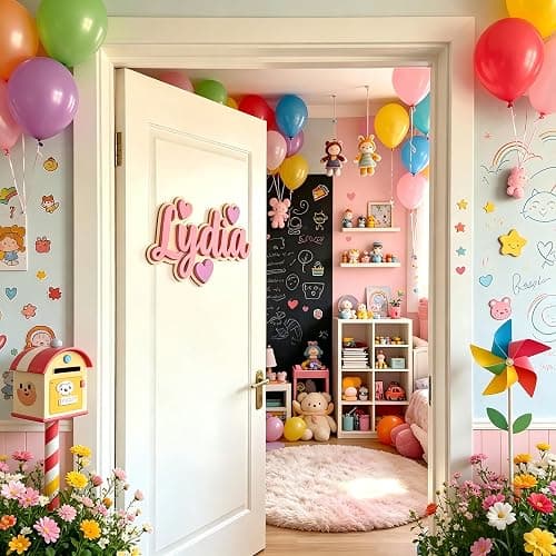 Customized Name Sign for Kids Room, Personalized Kids Name Signs for Bedroom Wall, Wooden Nursery Wall Decor for Girls, Custom Baby Name Plaque, Pink Room Decoration11.81 x 7.87 in thumbnail 5