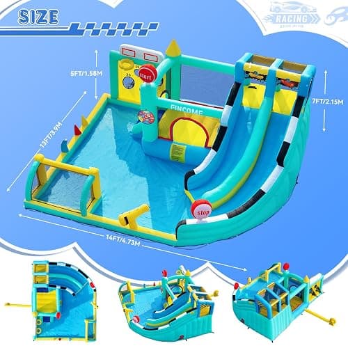 FINCOME Bounce House Double Slides for Kids 3-10, Large Bounce Castle with Air Blower 550W, Pool, Jumping, Climbing, Balls, Ring Toss, Inflatable Water Park for Birthday Party Holiday Outdoor Indoor thumbnail 2