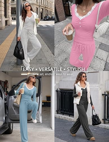 Blingfit Women's 2 Piece Lounge Set Fall Matching Wide Leg Pants Outfits | V Neck Tops,Drawstring Pants with Pockets,Airport Travel Outfit,Fall Casual Two Piece Sets,Winter Long Sleeve Sets thumbnail 5