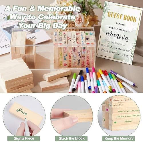 Beeveer 80 Pcs Wedding Guest Book Alternative Wooden Block Guest Book for Wedding Sign in Bridal Shower Decoration 54 Pcs Wooden Block Bridal Shower Game for Sign in, Reception(Greenery) thumbnail 4