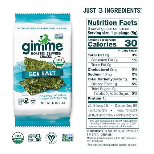 Gimme 6 CT Sea Salt Organic Roasted Seaweed Snacks, 5g, 0.17oz | Keto, Vegan, Gluten Free, Great Source of Iodine & Omega 3’s, Healthy On-The-Go Snack for Kids Adults thumbnail 2