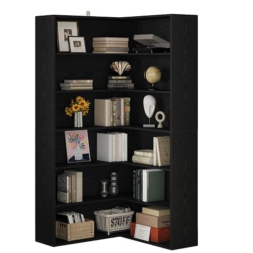 ANCTOR Corner Bookshelf, 6 Tiers Corner Bookcases with Baffles Etagere Shelf Storage Rack for Living Room Home Office, Black thumbnail 3