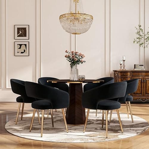 Hyfirm Black Velvet Dining Chairs Set of 2, Modern Side Chairs with Hollow Back and Gold Legs, Upholstered Accent Kitchen Chairs for Living Room/Reception/Restaurant thumbnail 8