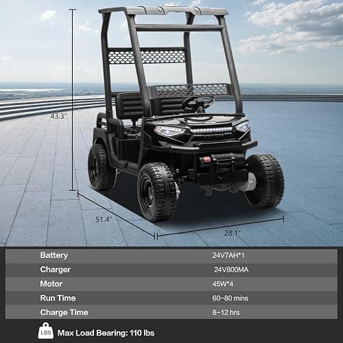 24V 2 Seater Kids Ride on Car, 4WD Golf Cart with Parent Remote Control, 4x4 Motors Ride on Truck with Roof, Toddler Electric Vehicle with Storage Box, Foot Pedal, Music Player, Lights, Horn, Black thumbnail 9
