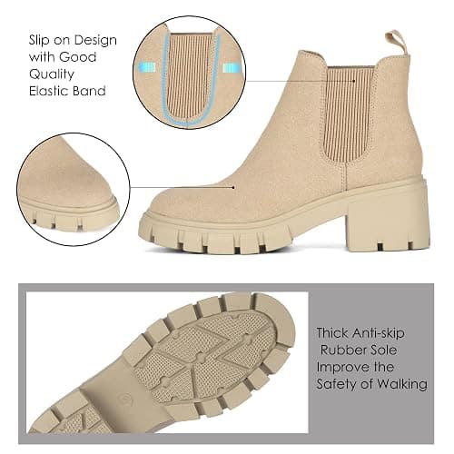 Athlefit Women's Chelsea Boots Fashion Lug Sole Chunky Heel Slip on Elastic Ankle Booties thumbnail 4