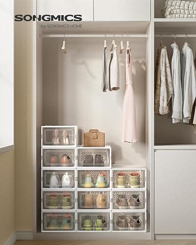 SONGMICS Stackable Shoe Boxes, Foldable Shoe Storage Organizers, Ventilated, for Max. Men's Shoes US Size 9 or Women's Shoes US Size 11, Sneakers, Set of 12, Transparent and White ULSP106W12V2 thumbnail 2