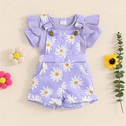 Rtnnsbbfcm Newborn Baby Girl Clothes Summer Outfit Short Sleeve Ribbed Romper Floral Suspender Overalls Shorts Set thumbnail 2
