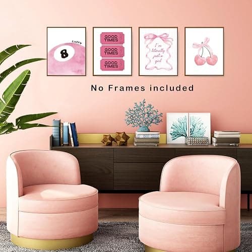 JWVK Pink Coquette Bow Preppy Girly Wall Art Prints Set of 4, Coquette Room Decor, Preppy Room Decor, Funky Y2K Pink Lucky 8 Ball Good Times Ticket Posters for Girls Room Dorm Decor, 8x10 Unframed thumbnail 5
