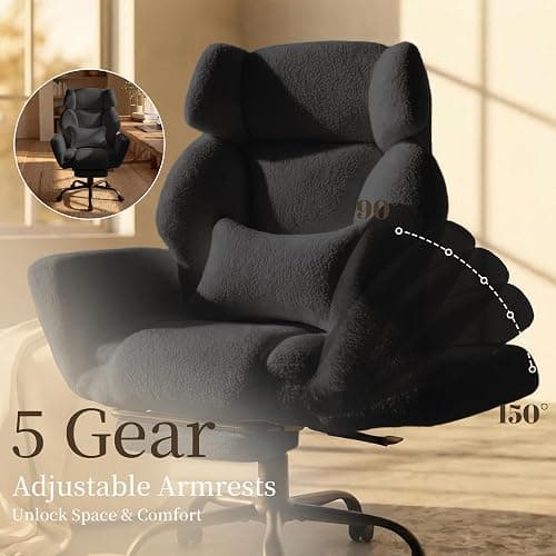 Office Chair with Flip Armrests,Big and Tall Office Chair with Foot Rest,Extra Wide Seat & Lumbar Pillow,Ergonomic Computer Gaming Chair,Comfy Criss Cross Chair for Pets Sitting,Teddy Fleece,Black thumbnail 4