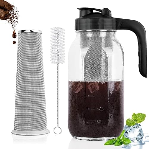 Cold Brew Coffee Maker Pitcher, 64 Oz Heavy Duty Glass Mason Jar Pitcher with V-shaped Pour Spout Handle Lid,Stainless Steel Filter for Iced Coffee,Iced tea,Fruit Drinks,lemonade - Black - Image 1