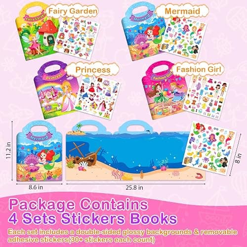4 Sets Reusable Sticker Books for Toddler, Dress Up Stickers Book for Girls, Arts Crafts Jelly Stickers Travel Toys, Birthday and Christmas Gifts for Kids 3 4 5 6, Princess, Mermaid, Fairy Tale thumbnail 2