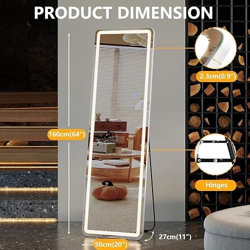 ZKIODV Full Length Mirror with Lights, LED Full Body Mirror, Wall Mirror with 3 Colors & Dimmable Lighting, Floor Standing Mirror for Bedroom & Living Room, Aluminum Frame - White, 160 x 50 cm thumbnail 2