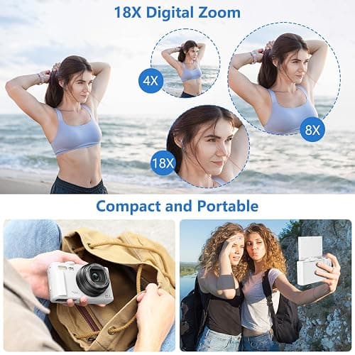 Digital Camera for Photography, 4K Vlogging Camera for YouTube 3" 180° Flip Screen 18X Digital Zoom Compact Cameras with 32GB TF Card & 2 Batteries, White thumbnail 4
