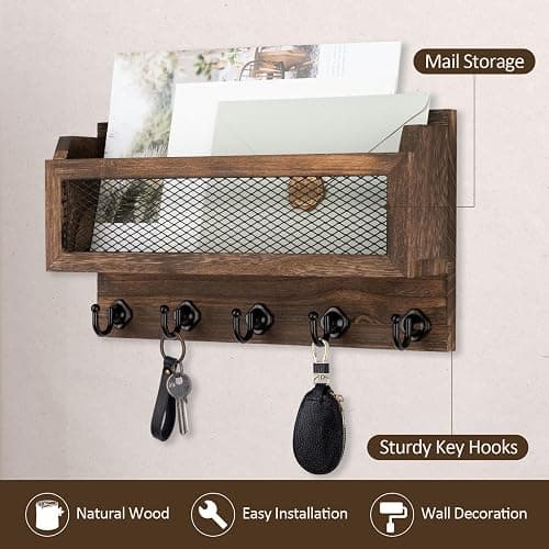 Nekon Mail and Key Holder for Wall Decorative, 11 Inch Mail Holder, Brown | Wooden Wall Key Organizer with 5 Key Hooks, Wall Mount Storage Shelf for Entryway Hallway thumbnail 5