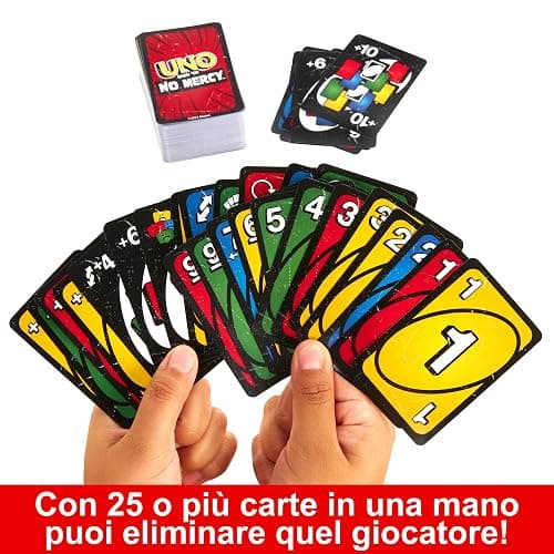 Mattel Games - UNO No Mercy, la Versione di Uno più brutale di Sempre, con 56 Nuove Carte, Regole Speciali e Carte Azione spietate, Come Pesca 6 e Pesca 10, 7+ Anni, HWV18 thumbnail 5