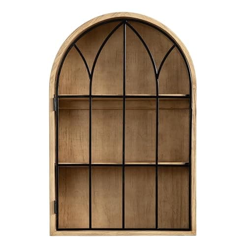 Kate and Laurel Megara Decorative Wooden Hanging Arched Wall Cabinet with Door for Open Storage; 16 x 5 x 24; Natural Wood and Black; Wooden Floating Wall Bathroom Cabinet for Above Toilet Storage thumbnail 8