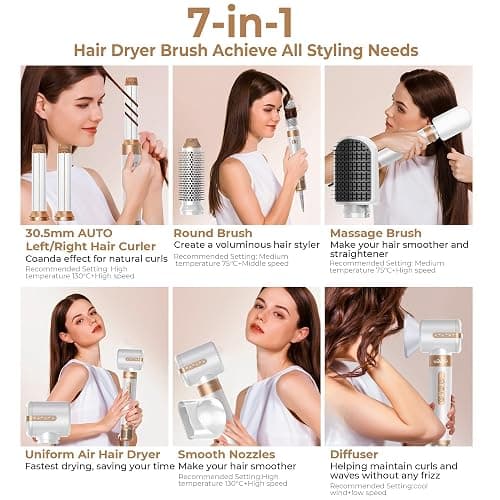 Blow Dryer Brush 7 in ONE，Autowrap Curling Wand, 110,000 RPM High-Speed Negative Ionic Hair Dryer with Diffuser Concentrator, Round Brush Blow Dryer Air Styler, Volumizing Hair Styling Tools thumbnail 2
