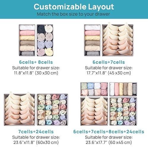 Vtopmart 4 Pack Underwear Drawer Organizers Set, 6+7+8+24 Cells Clothes Drawer Dividers Dresser Organizers Bins for Socks, Bras, Scarves, Ties, Non-Woven Fabric Storage Boxes for Closet, Nursery thumbnail 7