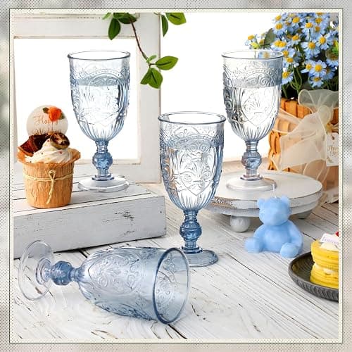 Wiwiqing 100 Pcs Plastic Goblets 7.5oz Vintage Goblet Plastic Wine Glasses Colored Retro Embossed Water Goblets for Wine Bar Juice Baby Shower Wedding Reception Grand Event Party (Blue) thumbnail 4