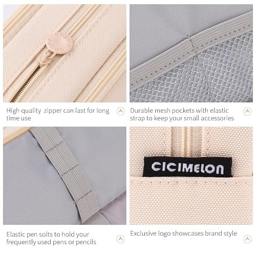 CICIMELON Big Capacity Pencil Case 3 Compartments Pen Pouch Bag Multifunctional Organizer for School Office, Cream thumbnail 6