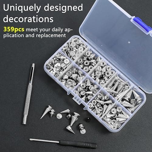 359Pcs Punk Spikes and Studs Kit Metal Cone Spike Studs Rivets 8 Sizes with Install Tools Clothing Stud Kit for Clothing Jacket Shoes Wallet Leather DIY Craft Accessories thumbnail 5