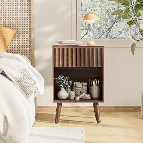 Nightstand, Modern Bedside Table with Storage Drawers and Open Wood Shelf, Night Stand with Solid Wood Legs, End Tables Side Tables for Living Room, Bedroom Walnut thumbnail 7