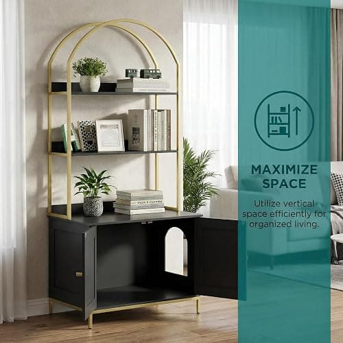 Homhedy Cat Litter Box Enclosure, Litter Box Furniture Hidden with 2-Tier Storage Shelves, Wooden Cat Washroom Furniture with Metal Frame, Modern Style, Black and Gold thumbnail 7