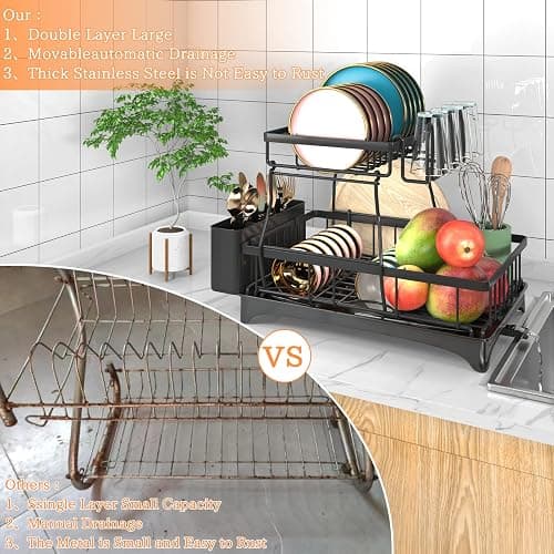 Godboat Dish Drying Rack, 2-Tier Dish Racks for Kitchen Counter, Dish Rack with Drainboard & Mat, Dish Drainer with Knife, Fork & Cup Rack, Gifts for Women, Mothers Day, Cool Stuff & Kitchen Gadgets - X-Large thumbnail 4