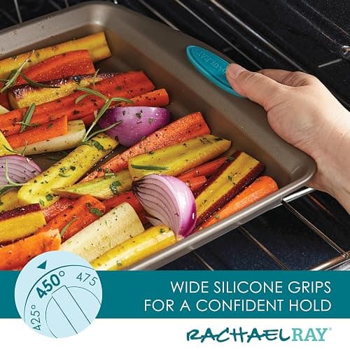 Rachael Ray 47578 Cucina Nonstick Bakeware Set with Grips Includes Nonstick Bread Pan, Baking Sheet, Cookie Sheet, Baking Pans, Cake Pan and Muffin Pan - 10 Piece, Latte Brown with Agave Blue Grips - 10 Piece - Latte Brown with Agave Blue Grips - Bakeware Set thumbnail 4