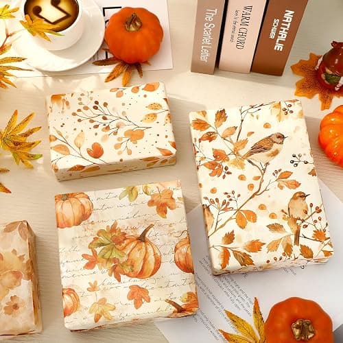 8 Sheets Fall Watercolor Wrapping Paper -Not Roll- Pumpkin Leaves Flower Bird Gift Wrap Paper Folded Flat for Autumn Thanksgiving Party DIY Crafts, 19.7 x 27.6 Inch thumbnail 4