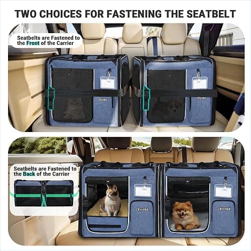 Petskd 2 in 1 Double Cat Car Travel Carrier with Litter Box, 38"x17"x18" Portable Dual Extra Large Cat Carrier for Multiple Cats with Zipper Locks for Moving Across The Country thumbnail 3