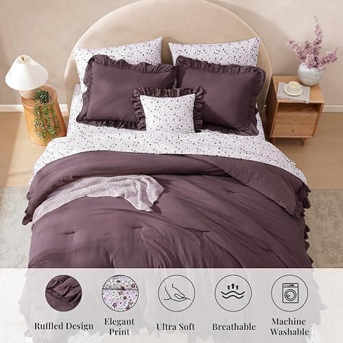 BLOOMHAVEN Full Comforter Set - 7 Pieces Ruffle Purple Bedding Sets, Shabby Chic Farmhouse Bed in a Bag Full with Ruffle Comforter, Floral Sheets, Pillowcases & Shams thumbnail 7