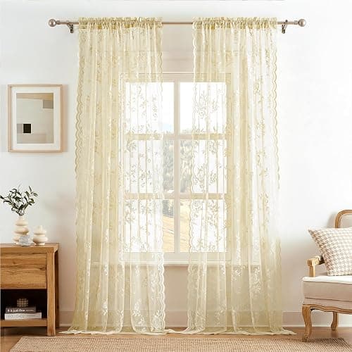 SEEKRIGHT Beige Lace Curtains 84 Inches Long Victorian Floral Sheer Curtains for Living Room Bedroom Decor Drapes Rod Pocket Light Filtering French Window Curtains 2 Panels Set for Dining Room, 52x84 thumbnail 2