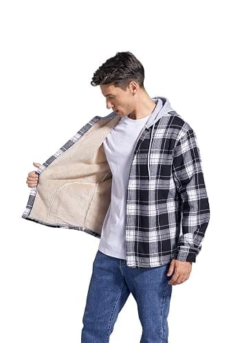 Derbars Men's Cotton Plaid Shirts Jacket Fleece Lined Flannel Shirts Sherpa Button Down Jackets with Hood for Men thumbnail 4