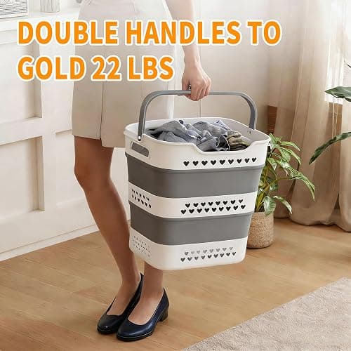 2 Pcs 42L Medium Collapsible Plastic Laundry Basket with Handles, Foldable Laundry Basket Hamper, Pop Up Storage Container Organizer for Washing Storage (Gery, 17 Inch * 13 Inch * 15 Inch) thumbnail 3