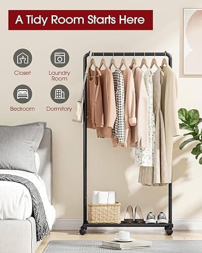 Sakugi Clothes Rack - Clothing Rack with Storage Mesh Shelf & Casters, Heavy-Duty Metal Clothing Rack for Hanging Clothes, Dresses, Coats, Large Load Capacity, Easy Assembly, Black, 28.0"x16.9"x59.0" thumbnail 9