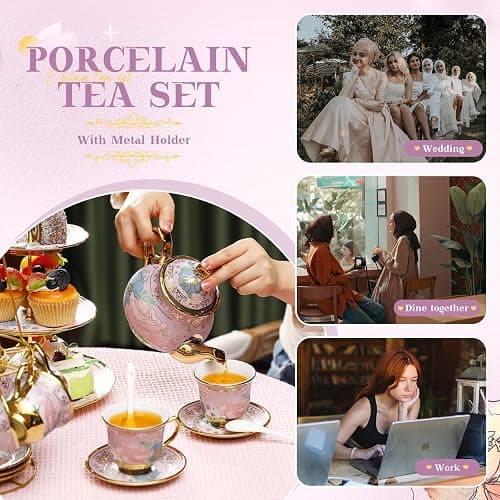 21 Pcs Porcelain Tea Set with 3 Tier Dessert Stand, Purple, Delicate | Ceramic Teapot Set with Metal Holder Cups Saucers for Adults, Floral Tea Party Set, European Tea Party Set Gift for Women thumbnail 7