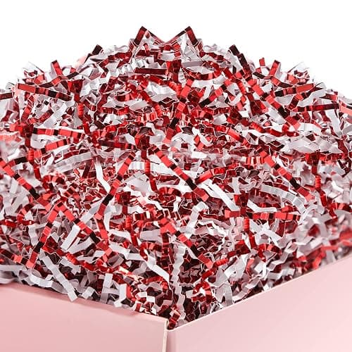 UNIQOOO 1/2 LB Metallic Red White Crinkle Cut Paper, Candy Cane Shredded Filler, Christmas Peppermint Zig Fill Raffia Tissue, Strands Shred Craft Bedding Cushion,Wedding Birthday Gift Boxes Bag Retail - Image 1