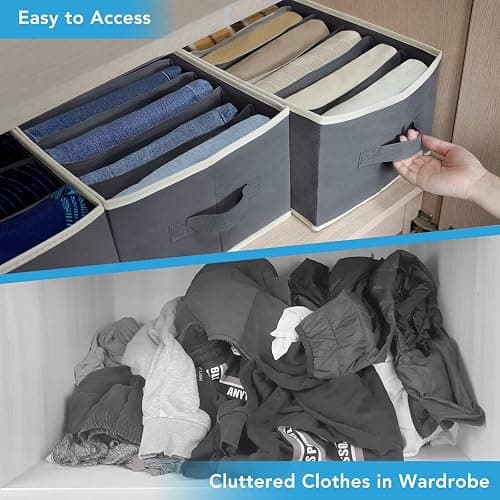 Baesyhom 3 Pcs Large Size Wardrobe Clothes Organizers 6 Grids for Pants, Jeans, Sweater, T-shirt, Dress Stackable Closet Drawer Organizer Storage Bin Container with Sturdy Handles, Dark Grey thumbnail 5