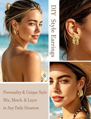 16 Pairs Starfish Chunky Gold Hoop Earrings Set for Women, Beach Shell Style Stack Statement Earrings, Hypoallergenic Lightweight Gold Plated Trendy Summer Jewelry Gift thumbnail 5