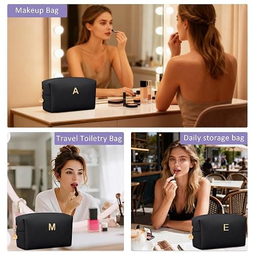 CLOUDWINGS Gifts for Women Bridesmaid Gifts Personalized Initial Makeup Bag PU Leather Cosmetic Waterproof Travel Toiletry Bag (Black C) thumbnail 6