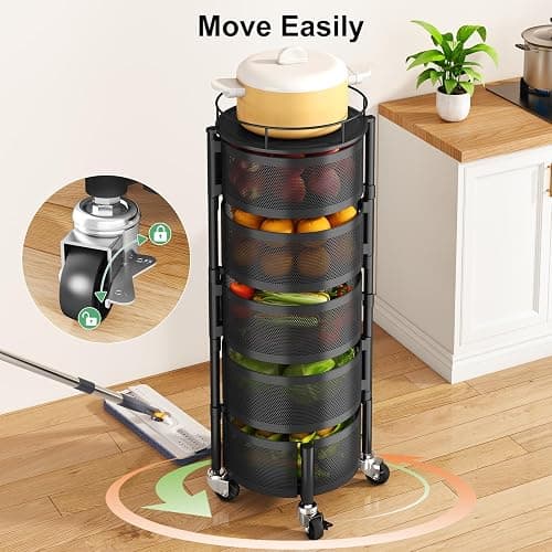 SAYZH Fruit Vegetable Basket for Kitchen, Rotating Storage Rack, 5 Tier Rolling Cart with top lid, Large Metal Wire Wheels, Black thumbnail 6