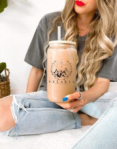 Sip Sip Hooray ACOTAR 16oz Glass Can Cup with Lid and Straw, Velaris City of Starlight Iced Coffee Tumbler, Night Court Bookish Drinkware, Dishwasher Safe Fantasy Gift for Women, To The Stars Mug - ACOTAR thumbnail 3