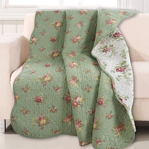 Cozy Line Home Fashions Vintage Floral Rose Green Chintz Sage Green Pink Yellow Scalloped Quilted Cotton Reversable Throw Blanket, 60"x 50" thumbnail 2