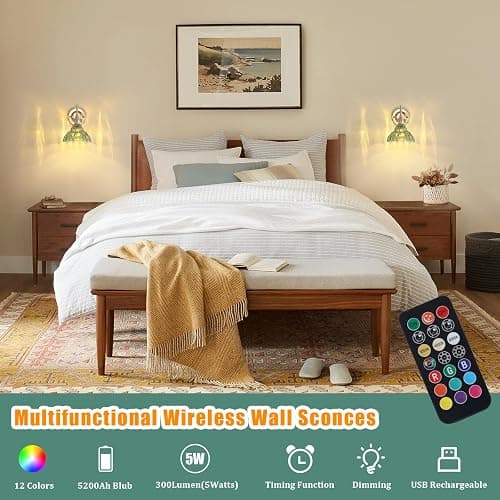 Shenmoyl Battery Operated Wall Sconce Set of 2, Vintage Rechargeable Wall Lights with Green Lily Glass Shade, Wireless Indoor Wall Lamp with Remote for Bedroom Living Room Bathroom thumbnail 4