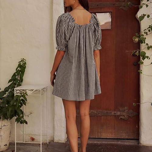 Women Plaid Half Sleeve Dress Loose Fit Cropped Mini A-Line Tunic Y2K Vintage Casual Swing Smocked Babydoll Dress thumbnail 3