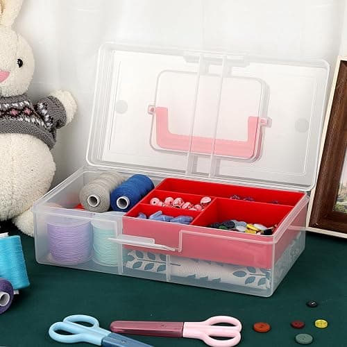BTSKY 2 PCS Clear Plastic Storage Box with Removable Tray Multipurpose Stationery Storage Box with Handle Handy Sewing Box Art Craft Supply Organizer Home Utility Box (Red) thumbnail 7