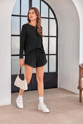 Ekouaer Waffle Knit Pajama Sets for Women Solid Lounge Sets Long Sleeve Top and Shorts Pjs S-XXL thumbnail 4