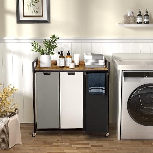 Herture Laundry Hampers with Shelf, Laundry Basket 3 Section, Laundry Sorter with Pull-Out Removable Large 3 Color Bags and Movable Wheels, Metal Frame, 3 x 15.87 Gallons (60L), Rustic Brown PF04XLN thumbnail 2